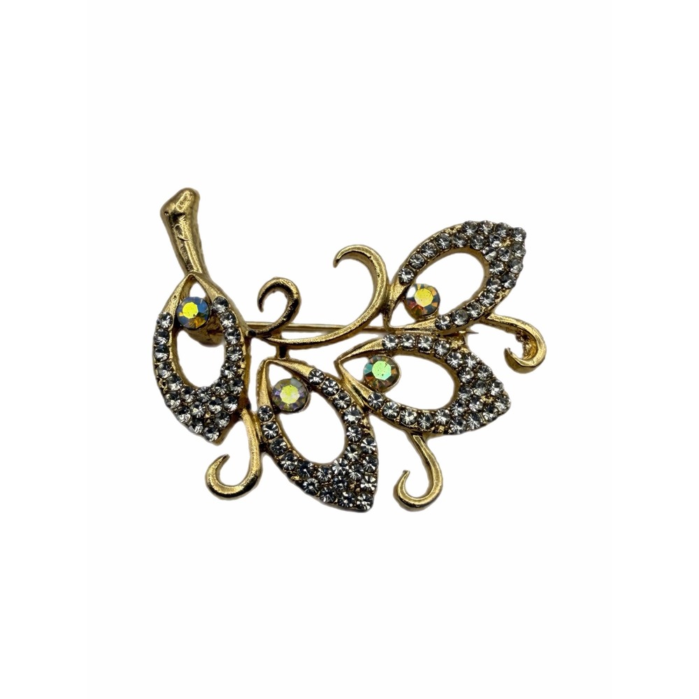 Gold Tone Rhinestone AB Crystal Leaf Brooch Pin Floral Spray Statement